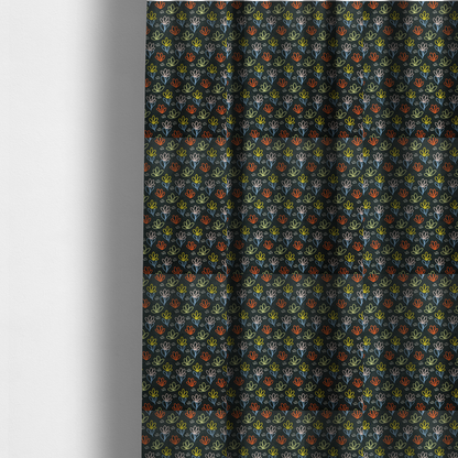 The fabric used to create these made-to-measure curtains is a black fabric print featuring a modern, repeating pattern of colourful doodle-style floral outlines. The flowers are drawn in vibrant yellow, orange, pink, and light blue, accented by small white dash marks, creating a playful and artistic aesthetic.