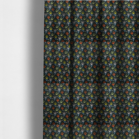The fabric used to create these made-to-measure curtains is a black fabric print featuring a modern, repeating pattern of colourful doodle-style floral outlines. The flowers are drawn in vibrant yellow, orange, pink, and light blue, accented by small white dash marks, creating a playful and artistic aesthetic.
