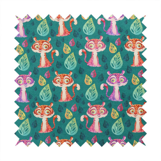 A teal fabric print featuring a whimsical, repeating pattern of cute, cartoon-style baby tigers and stylized leaves. The tigers are rendered in vibrant shades of pink, orange, and purple, while the leaves appear in varied hues, creating a playful and colourful jungle-themed aesthetic.