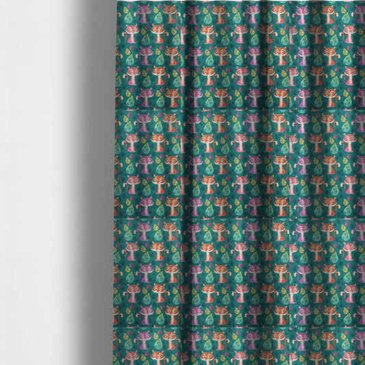 The fabric used to create these made-to-measure curtains is a teal fabric print featuring a whimsical, repeating pattern of cute, cartoon-style baby tigers and stylized leaves. The tigers are rendered in vibrant shades of pink, orange, and purple, while the leaves appear in varied hues, creating a playful and colourful jungle-themed aesthetic.