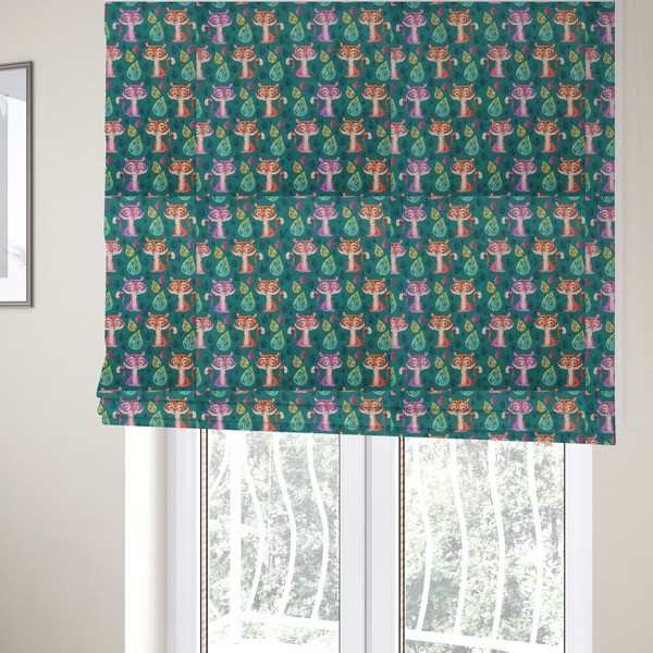 The fabric used to create these Roman blinds is a teal fabric print featuring a whimsical, repeating pattern of cute, cartoon-style baby tigers and stylized leaves. The tigers are rendered in vibrant shades of pink, orange, and purple, while the leaves appear in varied hues, creating a playful and colourful jungle-themed aesthetic.