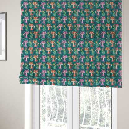 The fabric used to create these Roman blinds is a teal fabric print featuring a whimsical, repeating pattern of cute, cartoon-style baby tigers and stylized leaves. The tigers are rendered in vibrant shades of pink, orange, and purple, while the leaves appear in varied hues, creating a playful and colourful jungle-themed aesthetic.