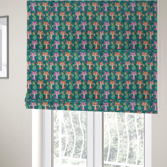 The fabric used to create these Roman blinds is a teal fabric print featuring a whimsical, repeating pattern of cute, cartoon-style baby tigers and stylized leaves. The tigers are rendered in vibrant shades of pink, orange, and purple, while the leaves appear in varied hues, creating a playful and colourful jungle-themed aesthetic.