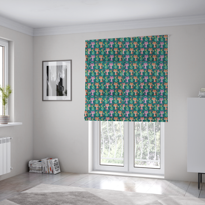 The fabric used to create these Roman blinds is a teal fabric print featuring a whimsical, repeating pattern of cute, cartoon-style baby tigers and stylized leaves. The tigers are rendered in vibrant shades of pink, orange, and purple, while the leaves appear in varied hues, creating a playful and colourful jungle-themed aesthetic.