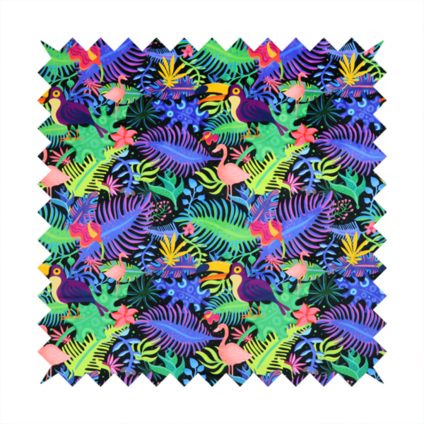 A vibrant, tropical-themed fabric print featuring a dense pattern of colourful toucans, flamingos, and lush jungle leaves against a black background. The design incorporates bright neon hues of pink, purple, lime green, and yellow, creating a bold, exotic, and high-energy aesthetic.