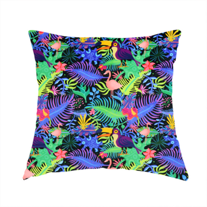 The fabric used to create this handmade cushion is a vibrant, tropical-themed fabric print featuring a dense pattern of colourful toucans, flamingos, and lush jungle leaves against a black background. The design incorporates bright neon hues of pink, purple, lime green, and yellow, creating a bold, exotic, and high-energy aesthetic.