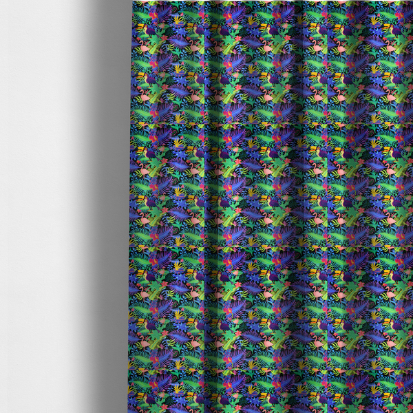 The fabric used to create these made-to-measure curtains is a vibrant, tropical-themed fabric print featuring a dense pattern of colourful toucans, flamingos, and lush jungle leaves against a black background. The design incorporates bright neon hues of pink, purple, lime green, and yellow, creating a bold, exotic, and high-energy aesthetic.