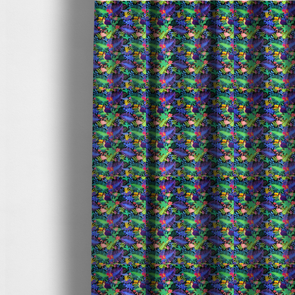 The fabric used to create these made-to-measure curtains is a vibrant, tropical-themed fabric print featuring a dense pattern of colourful toucans, flamingos, and lush jungle leaves against a black background. The design incorporates bright neon hues of pink, purple, lime green, and yellow, creating a bold, exotic, and high-energy aesthetic.