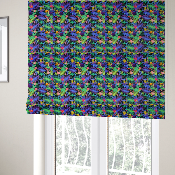 The fabric used to create these Roman blinds is a vibrant, tropical-themed fabric print featuring a dense pattern of colourful toucans, flamingos, and lush jungle leaves against a black background. The design incorporates bright neon hues of pink, purple, lime green, and yellow, creating a bold, exotic, and high-energy aesthetic.