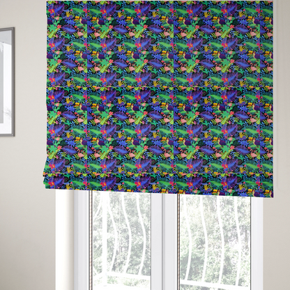 The fabric used to create these Roman blinds is a vibrant, tropical-themed fabric print featuring a dense pattern of colourful toucans, flamingos, and lush jungle leaves against a black background. The design incorporates bright neon hues of pink, purple, lime green, and yellow, creating a bold, exotic, and high-energy aesthetic.