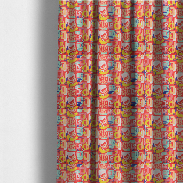 The fabric used to create these made-to-measure curtains is a vibrant fabric print featuring an abstract, mid-century modern design. The pattern consists of overlapping geometric shapes—circles, rectangles, and arches—in a lively palette of coral, bright yellow, teal, and soft peach on a coral-red background, creating a playful and retro aesthetic.