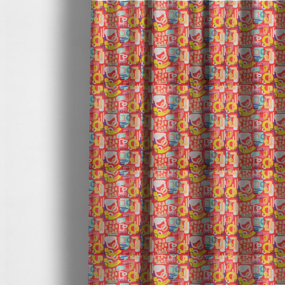 The fabric used to create these made-to-measure curtains is a vibrant fabric print featuring an abstract, mid-century modern design. The pattern consists of overlapping geometric shapes—circles, rectangles, and arches—in a lively palette of coral, bright yellow, teal, and soft peach on a coral-red background, creating a playful and retro aesthetic.