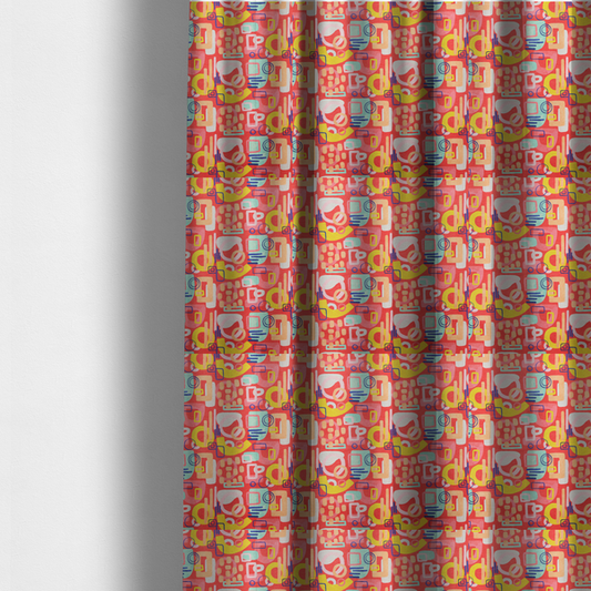 The fabric used to create these made-to-measure curtains is a vibrant fabric print featuring an abstract, mid-century modern design. The pattern consists of overlapping geometric shapes—circles, rectangles, and arches—in a lively palette of coral, bright yellow, teal, and soft peach on a coral-red background, creating a playful and retro aesthetic.