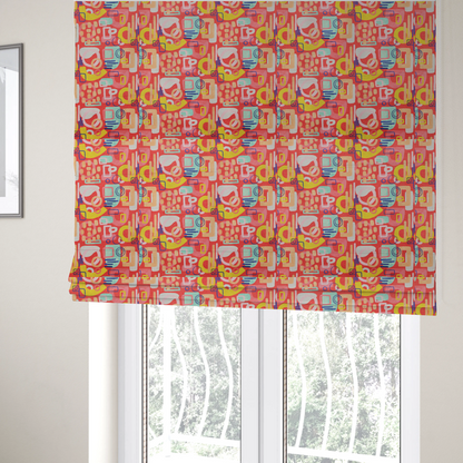 The fabric used to create these Roman blinds is a vibrant fabric print featuring an abstract, mid-century modern design. The pattern consists of overlapping geometric shapes—circles, rectangles, and arches—in a lively palette of coral, bright yellow, teal, and soft peach on a coral-red background, creating a playful and retro aesthetic.