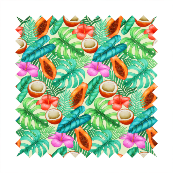 A lush, tropical-themed fabric print featuring a repeating pattern of halved papayas, coconuts, vibrant red and pink hibiscus flowers, and various green palm and monstera leaves against a light cream-colored background. The design has a hand-painted, watercolour style, creating a fresh, summery, and vacation-inspired aesthetic.
