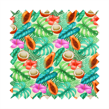 A lush, tropical-themed fabric print featuring a repeating pattern of halved papayas, coconuts, vibrant red and pink hibiscus flowers, and various green palm and monstera leaves against a light cream-colored background. The design has a hand-painted, watercolour style, creating a fresh, summery, and vacation-inspired aesthetic.
