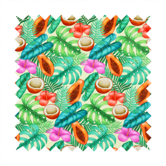 A lush, tropical-themed fabric print featuring a repeating pattern of halved papayas, coconuts, vibrant red and pink hibiscus flowers, and various green palm and monstera leaves against a light cream-colored background. The design has a hand-painted, watercolour style, creating a fresh, summery, and vacation-inspired aesthetic.
