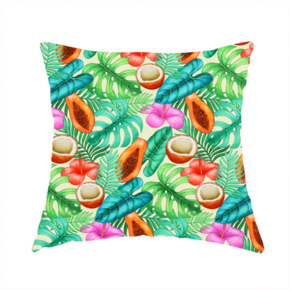 The fabric used to create this handmade cushion is a lush, tropical-themed fabric print featuring a repeating pattern of halved papayas, coconuts, vibrant red and pink hibiscus flowers, and various green palm and monstera leaves against a light cream-colored background. The design has a hand-painted, watercolour style, creating a fresh, summery, and vacation-inspired aesthetic.
