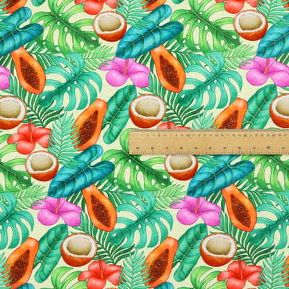 A lush, tropical-themed fabric print featuring a repeating pattern of halved papayas, coconuts, vibrant red and pink hibiscus flowers, and various green palm and monstera leaves against a light cream-colored background. The design has a hand-painted, watercolour style, creating a fresh, summery, and vacation-inspired aesthetic.
