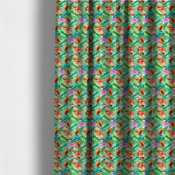 The fabric used to create these made-to-measure curtains is a lush, tropical-themed fabric print featuring a repeating pattern of halved papayas, coconuts, vibrant red and pink hibiscus flowers, and various green palm and monstera leaves against a light cream-colored background. The design has a hand-painted, watercolour style, creating a fresh, summery, and vacation-inspired aesthetic.
