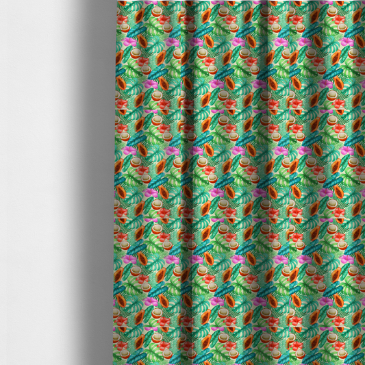 The fabric used to create these made-to-measure curtains is a lush, tropical-themed fabric print featuring a repeating pattern of halved papayas, coconuts, vibrant red and pink hibiscus flowers, and various green palm and monstera leaves against a light cream-colored background. The design has a hand-painted, watercolour style, creating a fresh, summery, and vacation-inspired aesthetic.
