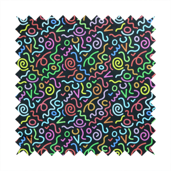 A black fabric print featuring a retro, 90s-inspired pattern of colourful, hand-drawn-style doodles. The design includes vibrant neon swirls, squiggles, and V-shapes in shades of pink, yellow, blue, orange, and green, creating a nostalgic, high-energy, and playful aesthetic.