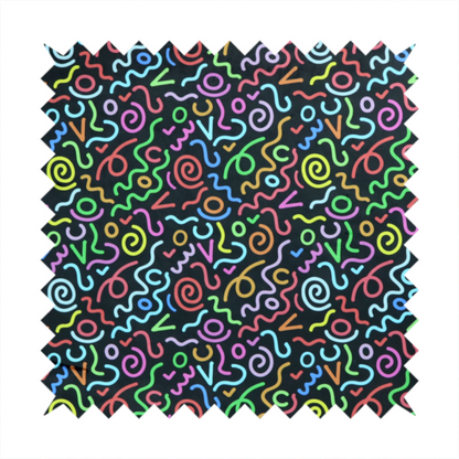 A black fabric print featuring a retro, 90s-inspired pattern of colourful, hand-drawn-style doodles. The design includes vibrant neon swirls, squiggles, and V-shapes in shades of pink, yellow, blue, orange, and green, creating a nostalgic, high-energy, and playful aesthetic.