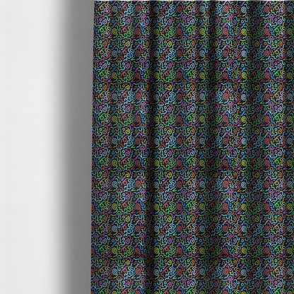The fabric used to create these made-to-measure curtains is a black fabric print featuring a retro, 90s-inspired pattern of colourful, hand-drawn-style doodles. The design includes vibrant neon swirls, squiggles, and V-shapes in shades of pink, yellow, blue, orange, and green, creating a nostalgic, high-energy, and playful aesthetic.