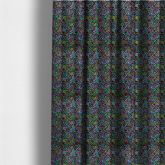 The fabric used to create these made-to-measure curtains is a black fabric print featuring a retro, 90s-inspired pattern of colourful, hand-drawn-style doodles. The design includes vibrant neon swirls, squiggles, and V-shapes in shades of pink, yellow, blue, orange, and green, creating a nostalgic, high-energy, and playful aesthetic.