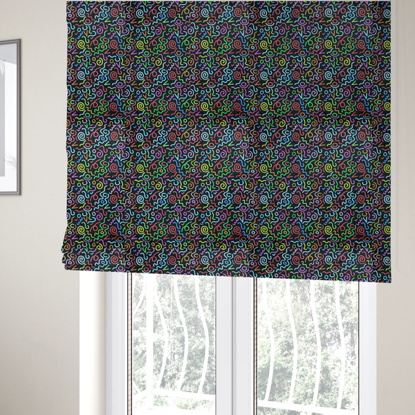 The fabric used to create these Roman blinds is a black fabric print featuring a retro, 90s-inspired pattern of colourful, hand-drawn-style doodles. The design includes vibrant neon swirls, squiggles, and V-shapes in shades of pink, yellow, blue, orange, and green, creating a nostalgic, high-energy, and playful aesthetic.