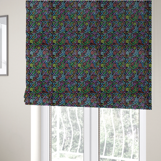 The fabric used to create these Roman blinds is a black fabric print featuring a retro, 90s-inspired pattern of colourful, hand-drawn-style doodles. The design includes vibrant neon swirls, squiggles, and V-shapes in shades of pink, yellow, blue, orange, and green, creating a nostalgic, high-energy, and playful aesthetic.