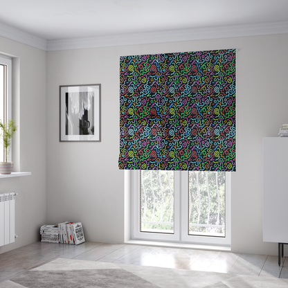 The fabric used to create these Roman blinds is a black fabric print featuring a retro, 90s-inspired pattern of colourful, hand-drawn-style doodles. The design includes vibrant neon swirls, squiggles, and V-shapes in shades of pink, yellow, blue, orange, and green, creating a nostalgic, high-energy, and playful aesthetic.