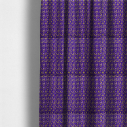 The fabric used to create these made-to-measure curtains is a vibrant fabric print featuring a dense, abstract pattern of bright yellow, sharp-edged shapes scattered across a deep, solid purple background. The design creates a textured, dynamic, and modern look.