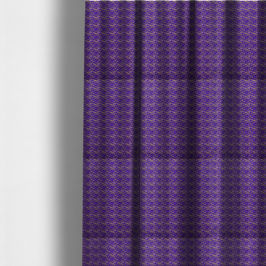 The fabric used to create these made-to-measure curtains is a vibrant fabric print featuring a dense, abstract pattern of bright yellow, sharp-edged shapes scattered across a deep, solid purple background. The design creates a textured, dynamic, and modern look.