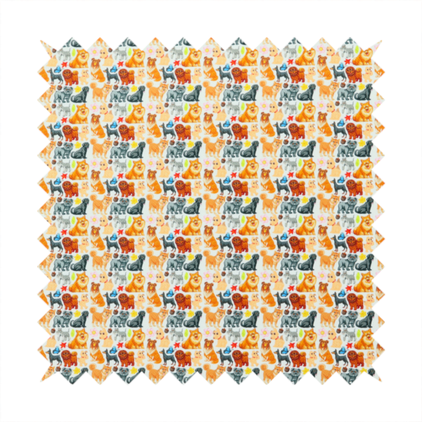 Whimsical fabric pattern featuring a tight, repeating grid of colourful cartoon dogs of various breeds, including Pugs, Chows, and Retrievers, on a light off-white background.