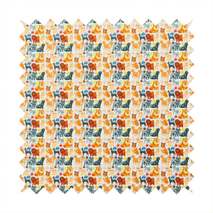 Whimsical fabric pattern featuring a tight, repeating grid of colourful cartoon dogs of various breeds, including Pugs, Chows, and Retrievers, on a light off-white background.
