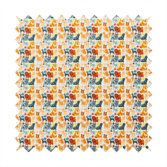 Whimsical fabric pattern featuring a tight, repeating grid of colourful cartoon dogs of various breeds, including Pugs, Chows, and Retrievers, on a light off-white background.