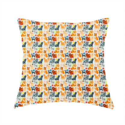 The fabric used to create this handmade cushion is a whimsical fabric pattern featuring a tight, repeating grid of colourful cartoon dogs of various breeds, including Pugs, Chows, and Retrievers, on a light off-white background.