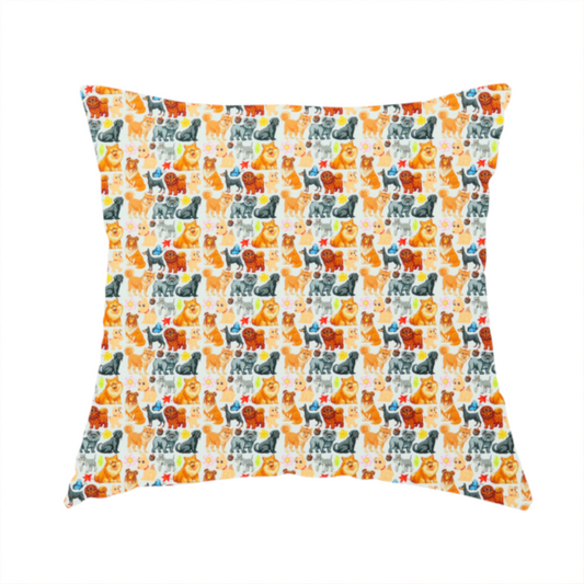 The fabric used to create this handmade cushion is a whimsical fabric pattern featuring a tight, repeating grid of colourful cartoon dogs of various breeds, including Pugs, Chows, and Retrievers, on a light off-white background.