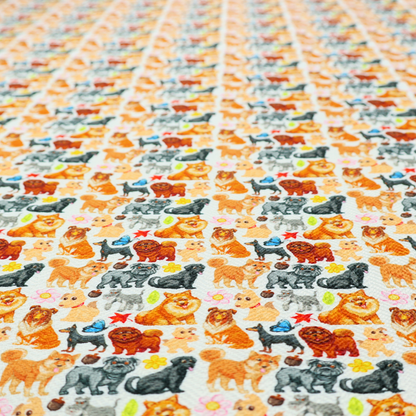 Whimsical fabric pattern featuring a tight, repeating grid of colourful cartoon dogs of various breeds, including Pugs, Chows, and Retrievers, on a light off-white background.