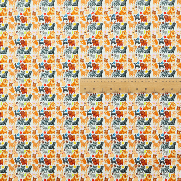 Whimsical fabric pattern featuring a tight, repeating grid of colourful cartoon dogs of various breeds, including Pugs, Chows, and Retrievers, on a light off-white background.