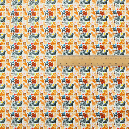 Whimsical fabric pattern featuring a tight, repeating grid of colourful cartoon dogs of various breeds, including Pugs, Chows, and Retrievers, on a light off-white background.