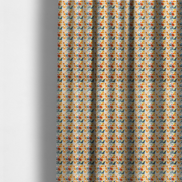 The fabric used to create these made-to-measure curtains is a whimsical fabric pattern featuring a tight, repeating grid of colourful cartoon dogs of various breeds, including Pugs, Chows, and Retrievers, on a light off-white background.