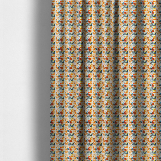 The fabric used to create these made-to-measure curtains is a whimsical fabric pattern featuring a tight, repeating grid of colourful cartoon dogs of various breeds, including Pugs, Chows, and Retrievers, on a light off-white background.