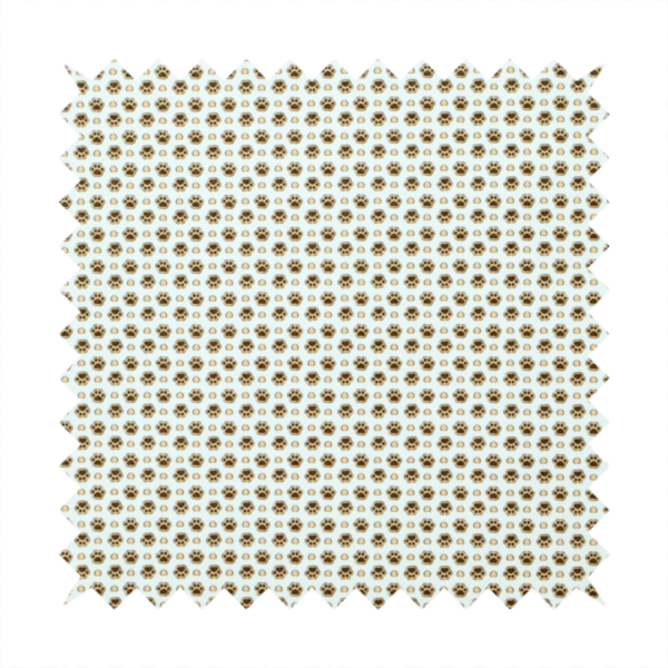 Micro-scale ditsy fabric pattern featuring rows of tiny brown paw prints and beige hearts arranged in a dense polka dot grid on a pale blue background.