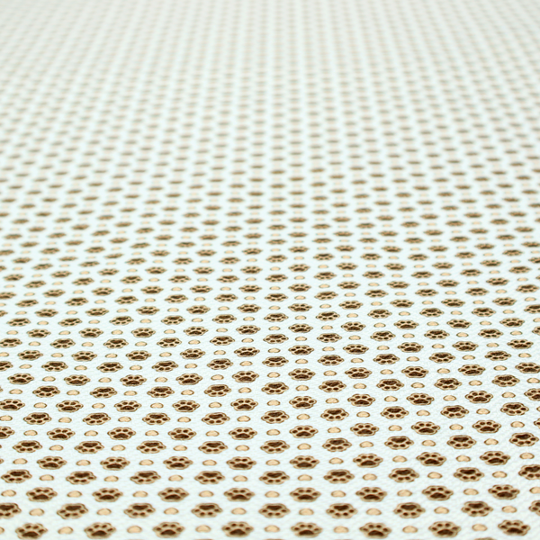 Micro-scale ditsy fabric pattern featuring rows of tiny brown paw prints and beige hearts arranged in a dense polka dot grid on a pale blue background.