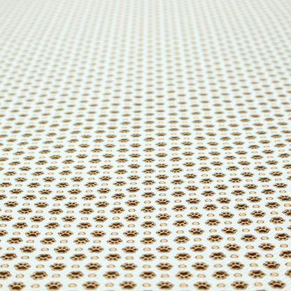 Micro-scale ditsy fabric pattern featuring rows of tiny brown paw prints and beige hearts arranged in a dense polka dot grid on a pale blue background.