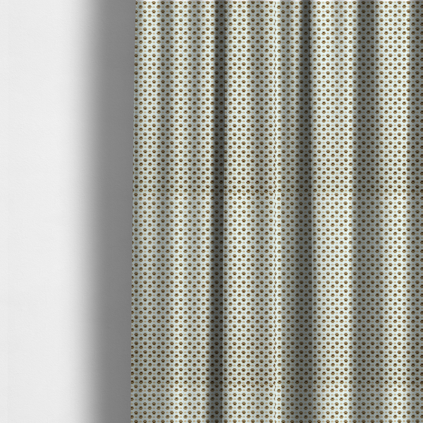 The fabric used to create these made-to-measure curtains is a micro-scale ditsy fabric pattern featuring rows of tiny brown paw prints and beige hearts arranged in a dense polka dot grid on a pale blue background.