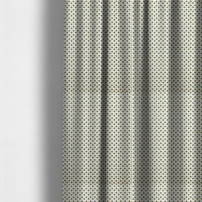 The fabric used to create these made-to-measure curtains is a micro-scale ditsy fabric pattern featuring rows of tiny brown paw prints and beige hearts arranged in a dense polka dot grid on a pale blue background.