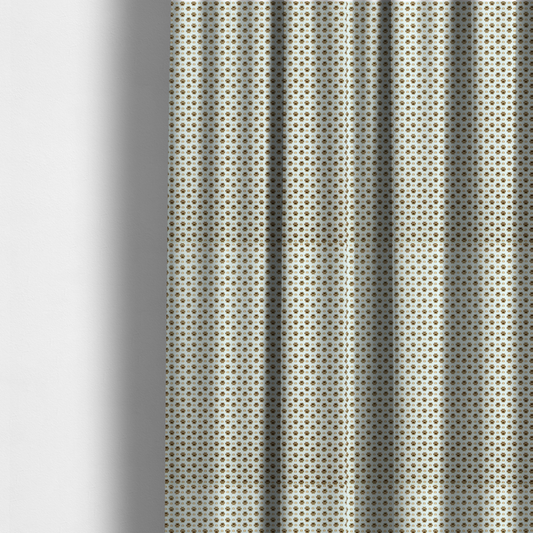 The fabric used to create these made-to-measure curtains is a micro-scale ditsy fabric pattern featuring rows of tiny brown paw prints and beige hearts arranged in a dense polka dot grid on a pale blue background.